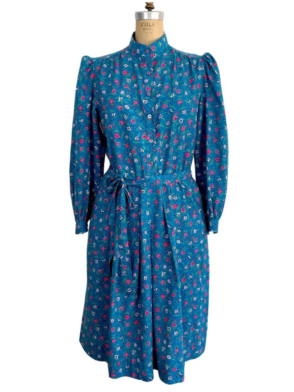 Vintage 70s Talbots Teal Blue Ditsy Floral Dress - Puffed Sleeves - Size M